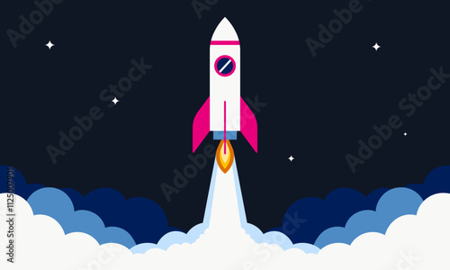 Flat Rocket Launch Illustration in Minimalist Style. For Design Template