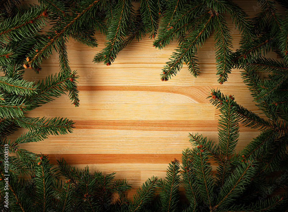 Christmas background. Fir branches on a wooden background. New Year and Christmas decorations as a festive background.
