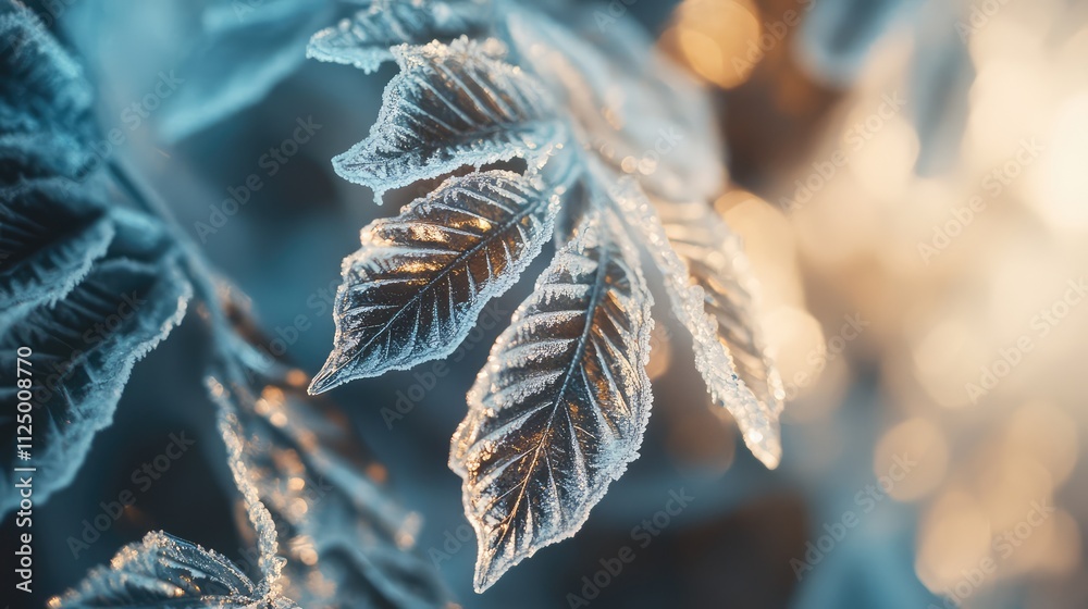 Close-up of ice-covered leaves with intricate frost details and a soft shine reflecting the cold winter sunlight Close-up of ice-covered leaves with intricate frost details and a soft shine reflecting the cold winter sunlight
