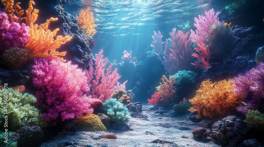Naklejka premium Vibrant Coral Reef Underwater Scene With Sunbeams