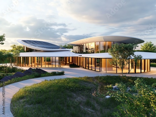 Sustainable community center, solarpowered design and ecomaterials, 3D illustration photo