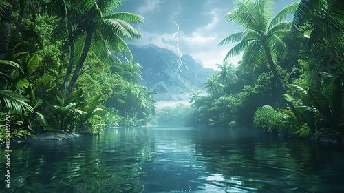 A tranquil river winding through the heart of a dense tropical jungle, with vibrant greenery reflected in its calm waters vector art illustraion generative AI.