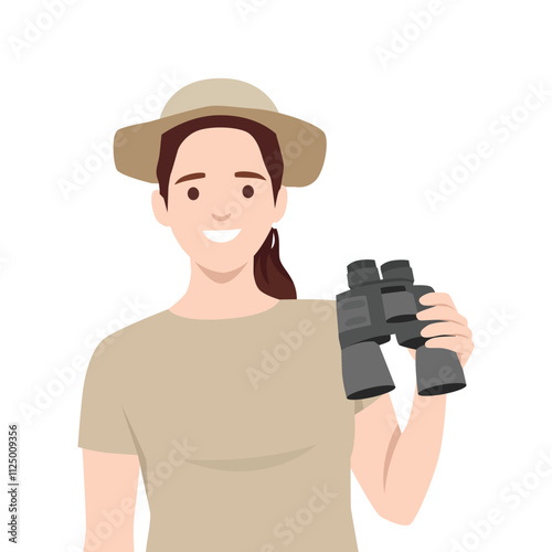 Young woman Dressed in a Safari Outfit Holding a Pair of Binoculars. Flat vector illustration isolated on white background