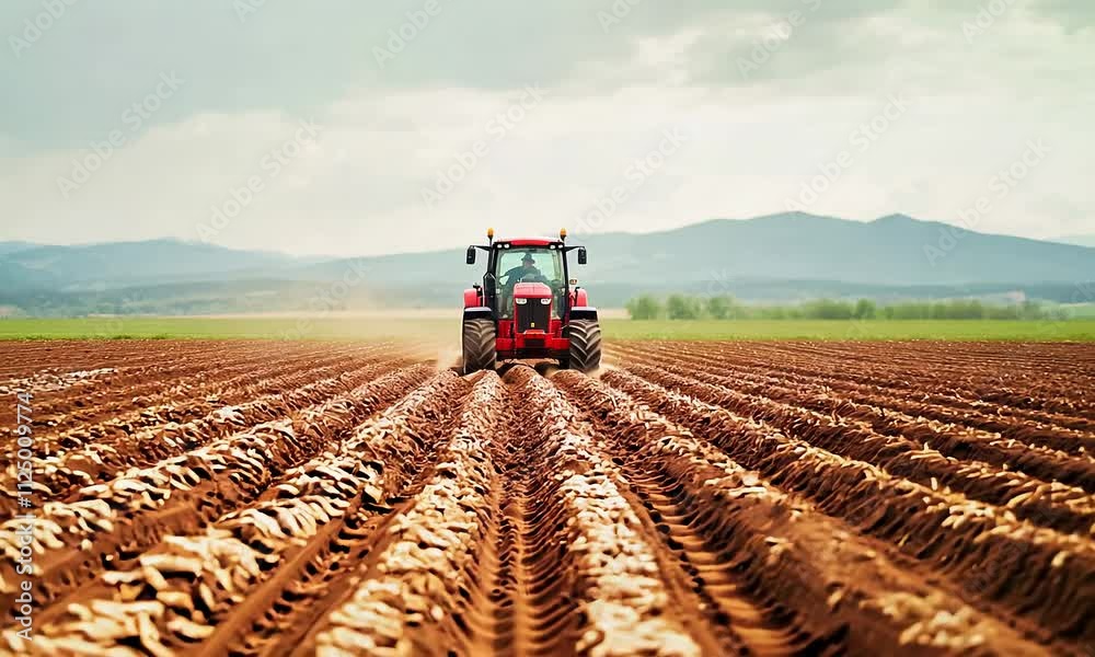 A red tractor plows a wide, barren field under a cloudy sky, with rolling hills in the background, symbolizing agricultural productivity.