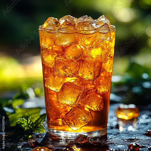 Glass of cola with ice cubes in a clear glass