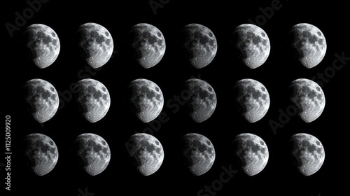 Phases of the moon displayed in a grid pattern over a black background photo