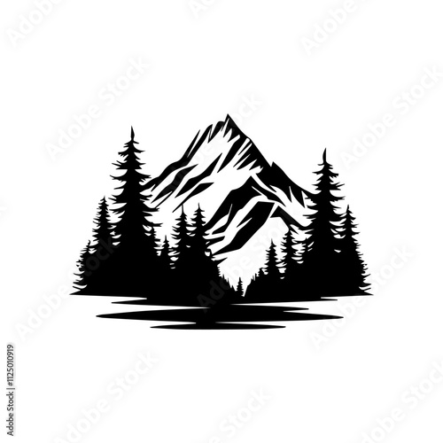 Vector blue mountain landscape with clean sky, birds flying and calm river and tree silhouettes