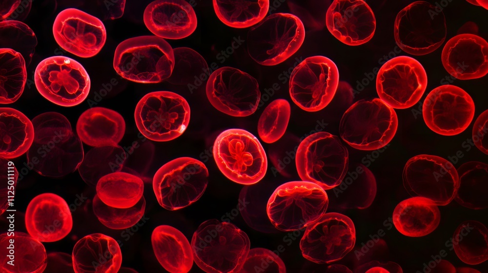 Microscopic blood cells glow like translucent jellyfish, their intricate surfaces shifting and shimmering under the microscope. Microscopic blood cells glow like translucent jellyfish, their intricate surfaces shifting and shimmering under the microscope.
