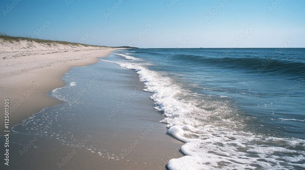 Gentle waves lap a sandy beach under a clear blue sky Gentle waves lap a sandy beach under a clear blue sky