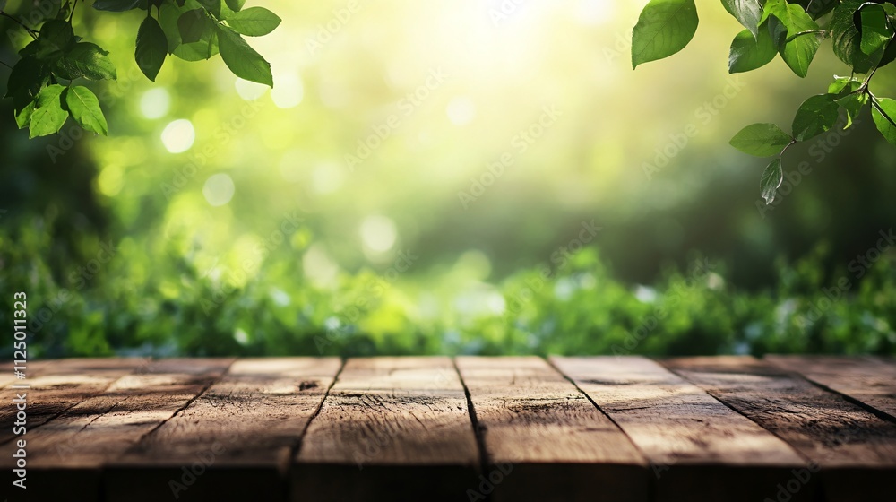 Empty wooden table with blurred green forest background on sunny day Empty wooden table with blurred green forest background on sunny day