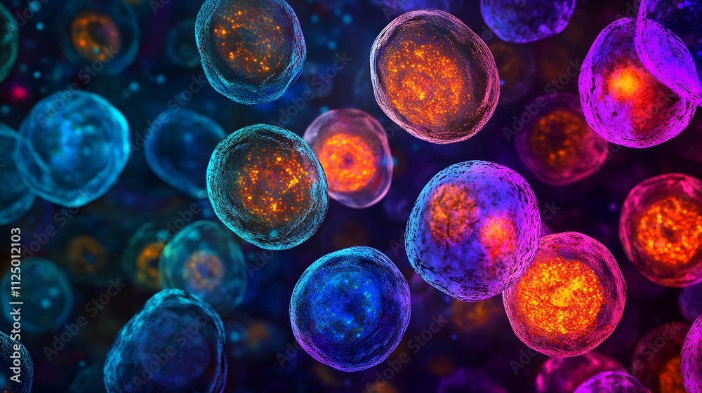 Blood cells glow in vibrant colors, each one resembling a tiny, shifting galaxy, their intricate textures illuminated under the microscope. Blood cells glow in vibrant colors, each one resembling a tiny, shifting galaxy, their intricate textures illuminated under the microscope.