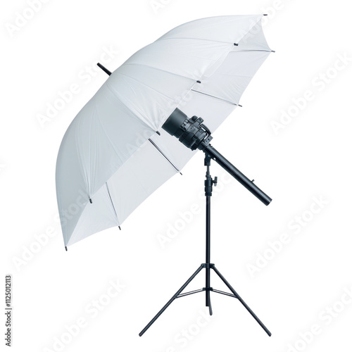 White photography umbrella with stand and lighting equipment photo