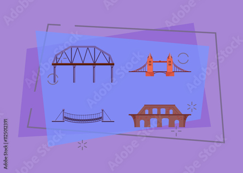 Bridges cartoon illustration set. Railroad, brick, suspension bridges. Construction concept. Vector illustrations can be used for topics like architecture, transportation, travel