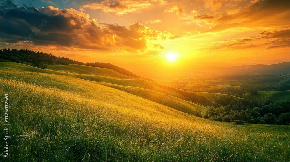 Fototapeta premium Golden Sunset Over Rolling Green Hills and Fields