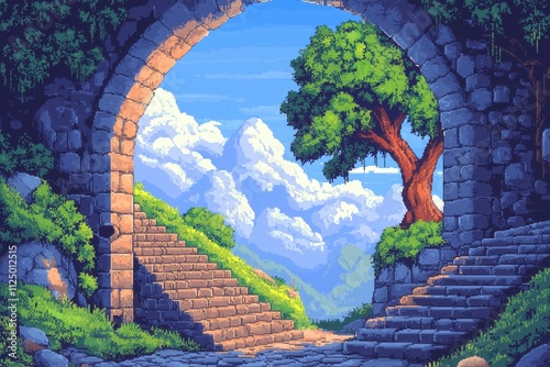 Pixel Art ancient archways scenic viewpoint in a lush green tranquil landscape