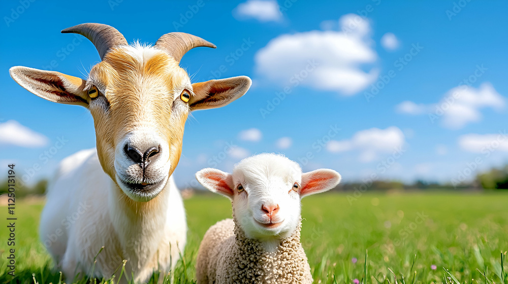 Fototapeta premium Two animals, a goat and a lamb, standing together in a sunny green field under a blue sky with fluffy clouds.