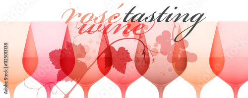 Background elegant illustrations of colorful glasses of rose wine. Mixed with silhouette of vine leaves and bunch of grapes. Vector drawing