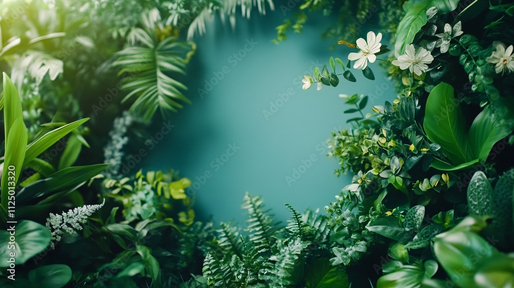 Lush green foliage creating a frame with copy space on teal background Lush green foliage creating a frame with copy space on teal background