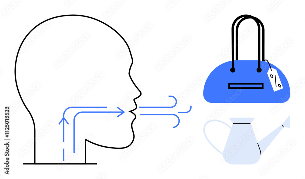 Outline of human head with blue arrows indicating airflow towards a blue purse and watering can. Ideal for health, respiration, shopping, gardening, metaphor, abstract, education. Line metaphor Outline of human head with blue arrows indicating airflow towards a blue purse and watering can. Ideal for health, respiration, shopping, gardening, metaphor, abstract, education. Line metaphor