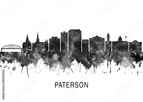 Paterson New Jersey Skyline BW, abstract painting travel illustration urban art modern downtown landmarks skyscrapers colorful artwork architecture photo
