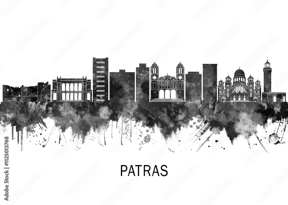 Patras Greece Skyline BW, abstract painting travel illustration urban art modern downtown landmarks skyscrapers colorful artwork architecture Patras Greece Skyline BW, abstract painting travel illustration urban art modern downtown landmarks skyscrapers colorful artwork architecture