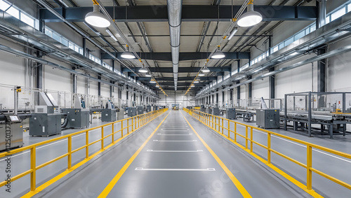 Automated production line with conveyor belt in modern empty warehouse