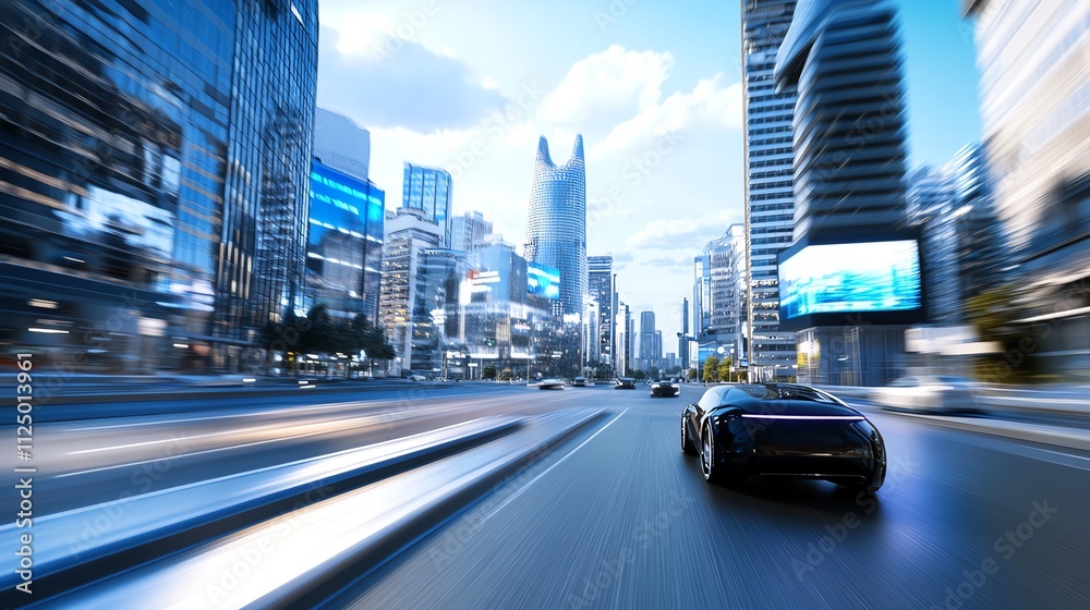 Obraz premium Hightech urban street, digital billboards and autonomous vehicles, 3D illustration