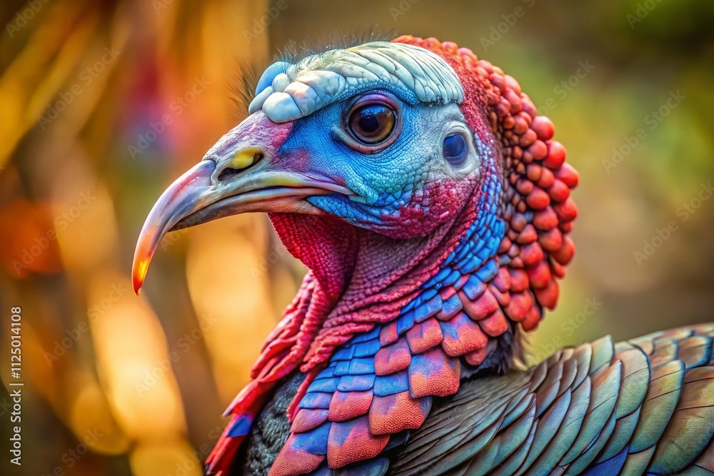Close-Up of a Wild Turkey with Long Exposure Highlighting Its Vibrant Red and Blue Head, Intricate Plumage Patterns, and Natural Habitat in a Soft Focus Background Close-Up of a Wild Turkey with Long Exposure Highlighting Its Vibrant Red and Blue Head, Intricate Plumage Patterns, and Natural Habitat in a Soft Focus Background