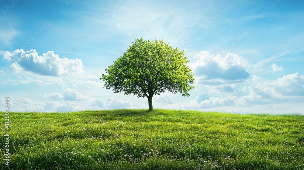 Lonely tree growing on green hill under blue sky Lonely tree growing on green hill under blue sky
