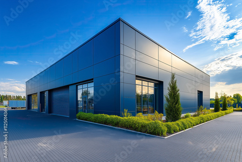 Modern blue commercial building with landscaped surroundings and a clear sky, showcasing contemporary industrial architecture and exterior design