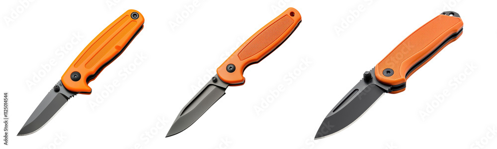 Orange folding knives with stainless steel blades, isolated on transparency background Orange folding knives with stainless steel blades, isolated on transparency background