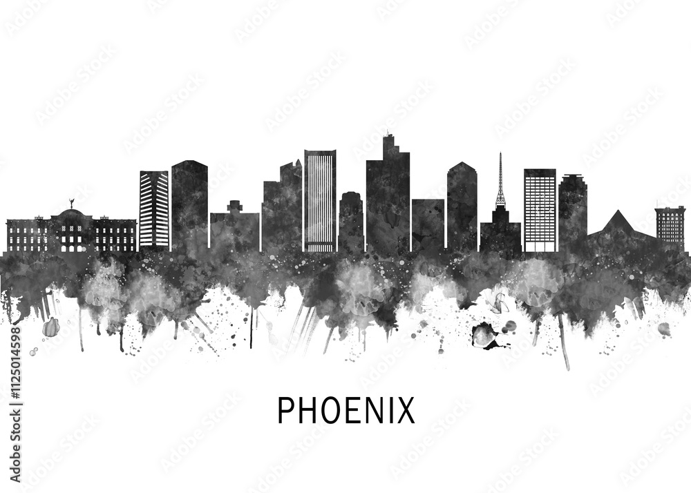 Obraz premium Phoenix Arizona Skyline BW, abstract painting travel illustration urban art modern downtown landmarks skyscrapers colorful artwork architecture