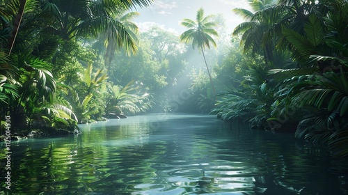 A tranquil river winding through the heart of a dense tropical jungle, with vibrant greenery reflected in its calm waters vector art illustraion generative AI.