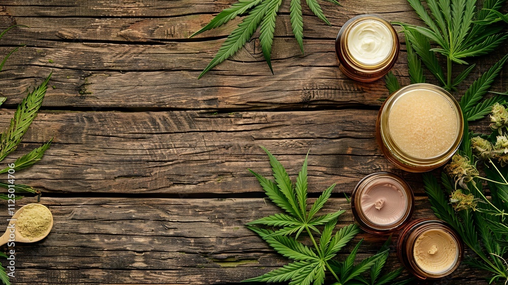 Cosmetics made with hemp on a wooden background with copy space. Alternative medicine, natural cosmetics. Cosmetics or spa concept. View from above. flat lay Cosmetics made with hemp on a wooden background with copy space. Alternative medicine, natural cosmetics. Cosmetics or spa concept. View from above. flat lay