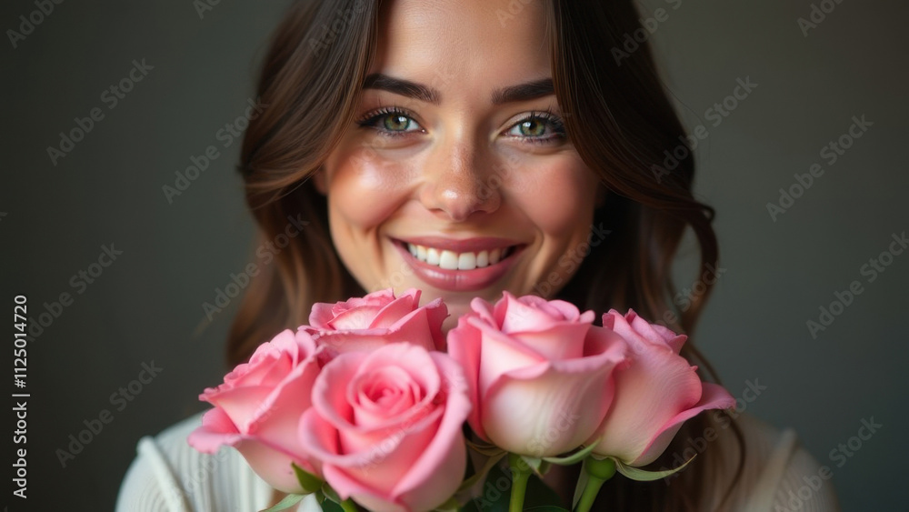 Beautiful happy young woman holding pink roses in her hands Beautiful happy young woman holding pink roses in her hands