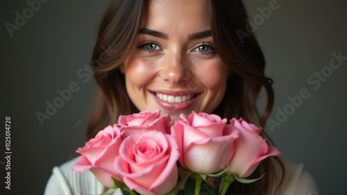 Wallpaper Mural Beautiful happy young woman holding pink roses in her hands Torontodigital.ca