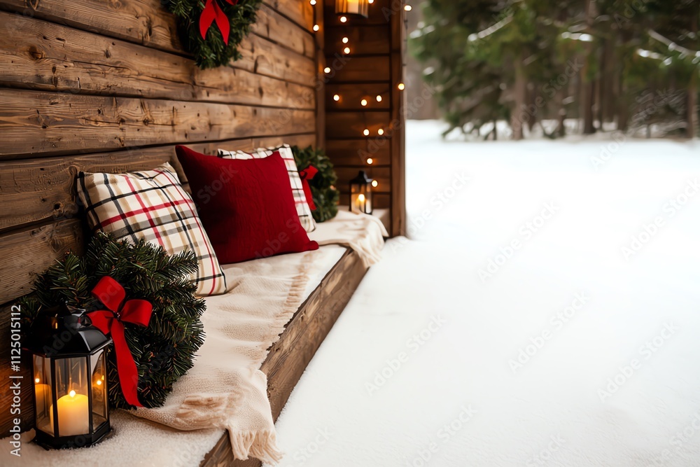 Obraz premium A cozy winter scene featuring a snow-covered porch, adorned with festive decorations, cushions, and lanterns, evoking a warm holiday atmosphere.