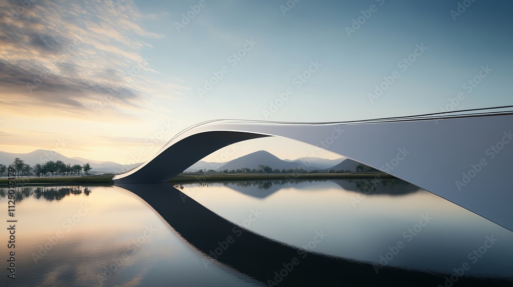 Modern bridge design, sleek curves over a tranquil river, 3D illustration Modern bridge design, sleek curves over a tranquil river, 3D illustration