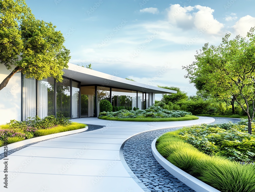 Fototapeta premium Modern rooftop garden, innovative irrigation systems and serene pathways, 3D illustration