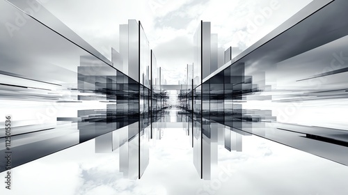 Modern skyscraper reflected in mirrored surfaces, clean lines, conceptual urban innovation and futuristic city design photo