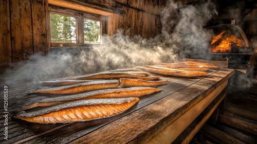 Smoked Fish on a Wooden Table in Rustic Setting