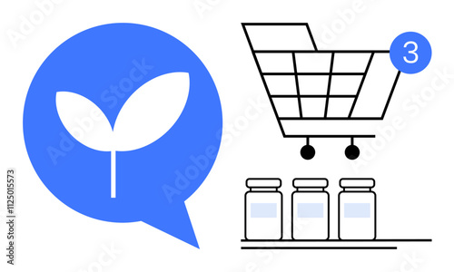 Shopping cart with three items, plant leaf in speech bubble, and jars on a shelf. Ideal for e-commerce, sustainability, grocery delivery, organic products, online shopping, eco-friendly businesses