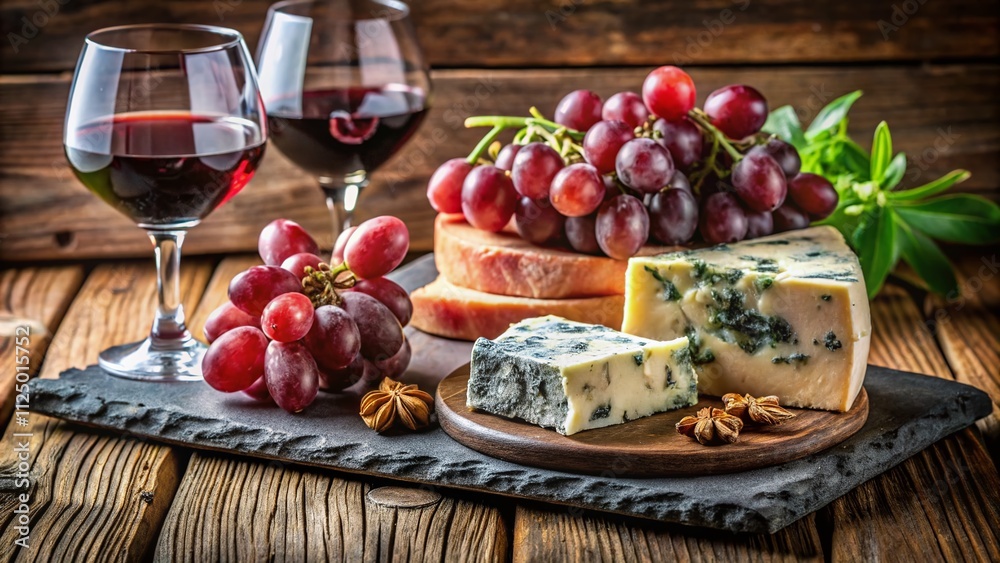 Close-Up of Brie and Blue Cheese with Grapes, Jamon, and Salami on a Slate Plate with Wine, Perfect for Gourmet Snack Inspiration on a Wooden Table Close-Up of Brie and Blue Cheese with Grapes, Jamon, and Salami on a Slate Plate with Wine, Perfect for Gourmet Snack Inspiration on a Wooden Table