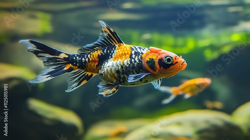 Vibrant goldfish swimming in aquarium, showcasing its colorful scales and fins against a blurred background of rocks and plants.