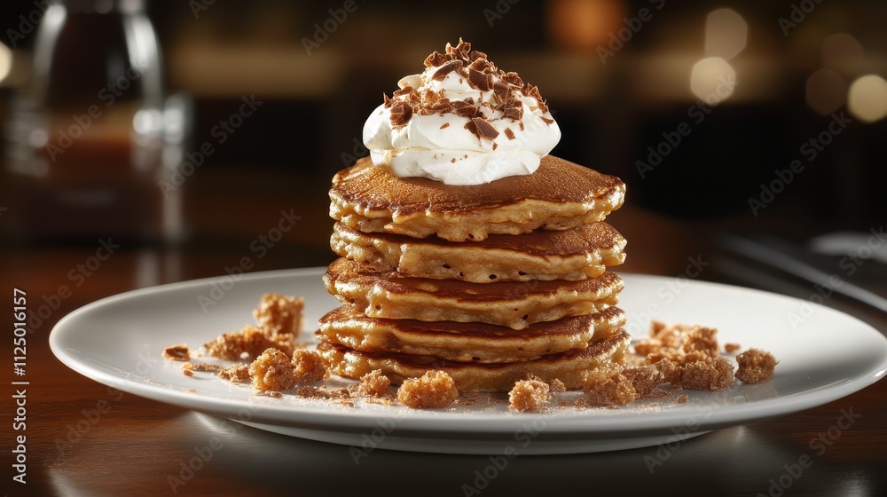 Stacked Pancakes with Whipped Cream and Toppings Stacked Pancakes with Whipped Cream and Toppings