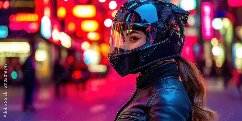 Woman wearing a black helmet and leather jacket stands in front of a neon sign Woman wearing a black helmet and leather jacket stands in front of a neon sign