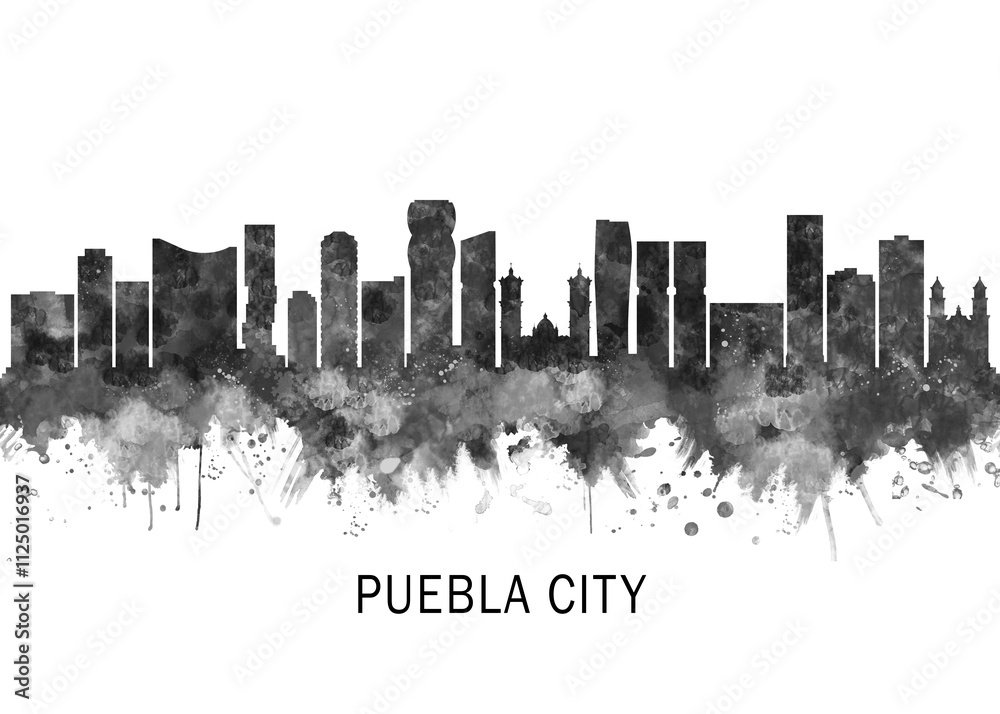 Fototapeta premium Puebla City Mexico Skyline BW, abstract painting travel illustration urban art modern downtown landmarks skyscrapers colorful artwork architecture