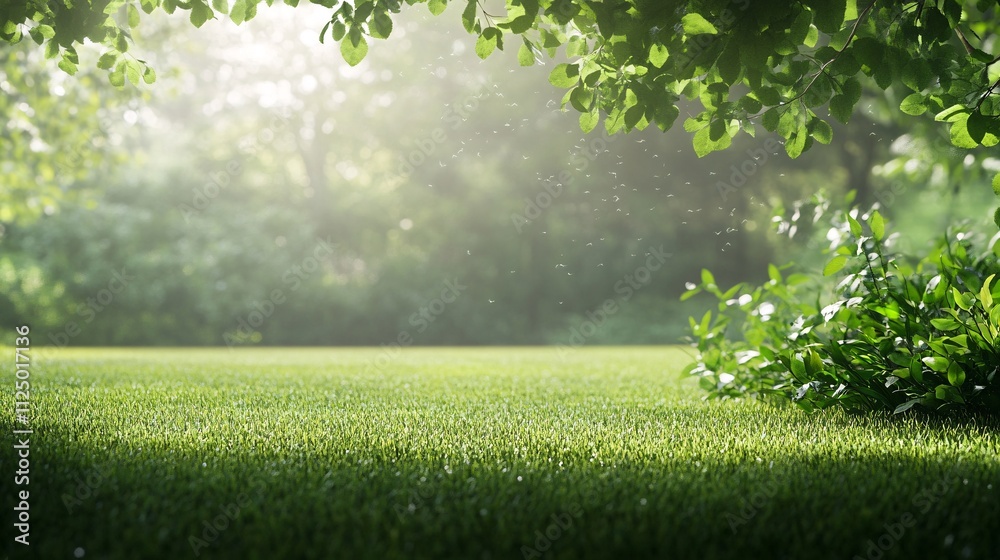 Obraz premium Lush green grass field with sunlight filtering through trees and falling pollen