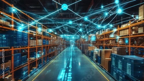 Seamless integration of ERP, CRM, and MES systems visualized as intertwined data streams projected above the production floor
