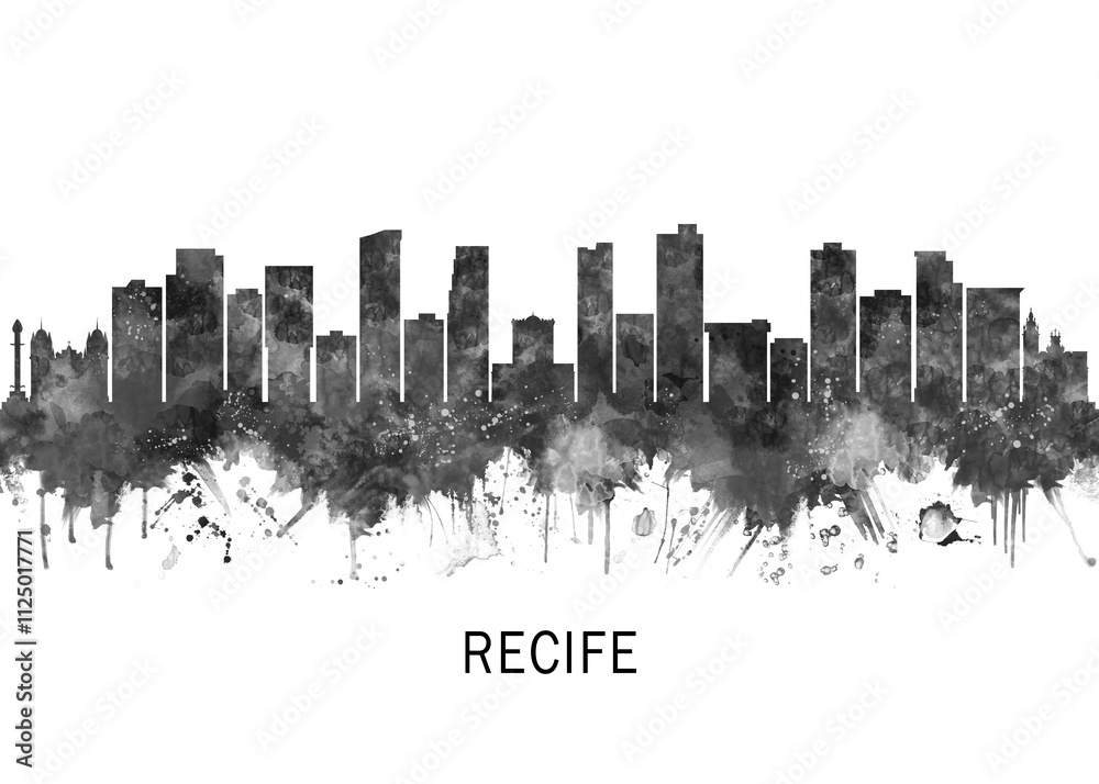 Fototapeta premium Recife Brazil Skyline BW, abstract painting travel illustration urban art modern downtown landmarks skyscrapers colorful artwork architecture